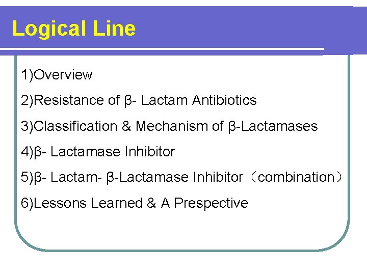 Logical Line 1)Overview 2)Resistance of β- Lactam Antibiotics 3)Classification & Mechanism of β-Lactamases 4)β-