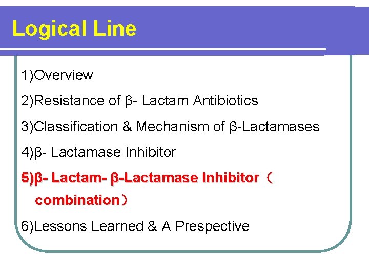 Logical Line 1)Overview 2)Resistance of β- Lactam Antibiotics 3)Classification & Mechanism of β-Lactamases 4)β-