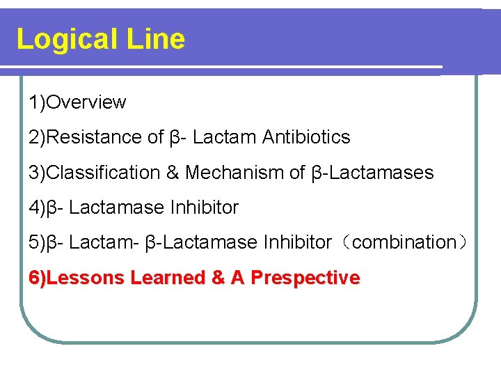 Logical Line 1)Overview 2)Resistance of β- Lactam Antibiotics 3)Classification & Mechanism of β-Lactamases 4)β-