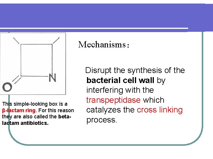 Mechanisms： This simple-looking box is a β-lactam ring. For this reason they are also