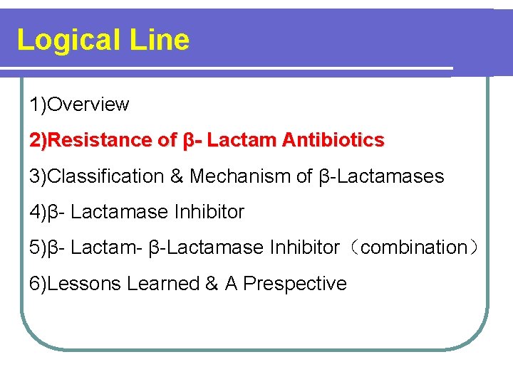 Logical Line 1)Overview 2)Resistance of β- Lactam Antibiotics 3)Classification & Mechanism of β-Lactamases 4)β-