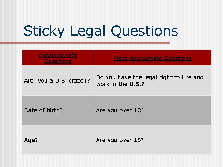 Sticky Legal Questions Inappropriate Questions More Appropriate Questions Are you a U. S. citizen?