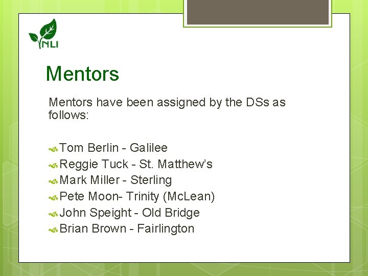 Mentors have been assigned by the DSs as follows: Tom Berlin - Galilee Reggie