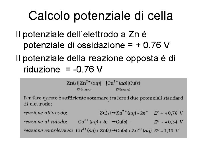 Calcolo potenziale di cella Il potenziale dell’elettrodo a Zn è potenziale di ossidazione =