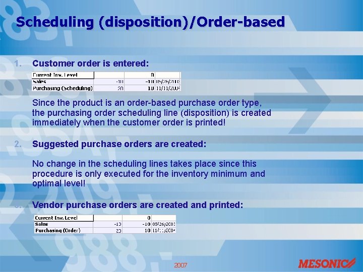 Scheduling (disposition)/Order-based 1. Customer order is entered: Since the product is an order-based purchase