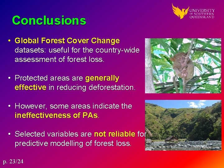 Conclusions • Global Forest Cover Change datasets: useful for the country-wide assessment of forest