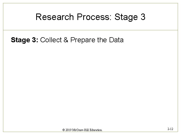 Research Process: Stage 3: Collect & Prepare the Data © 2019 Mc. Graw-Hill Education.