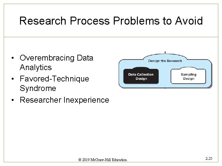 Research Process Problems to Avoid • Overembracing Data Analytics • Favored-Technique Syndrome • Researcher