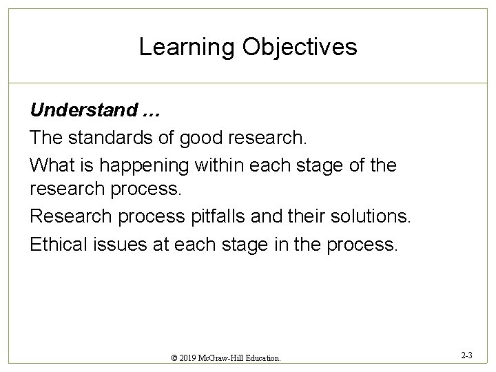 Learning Objectives Understand … The standards of good research. What is happening within each