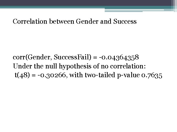 Correlation between Gender and Success corr(Gender, Success. Fail) = -0. 04364358 Under the null