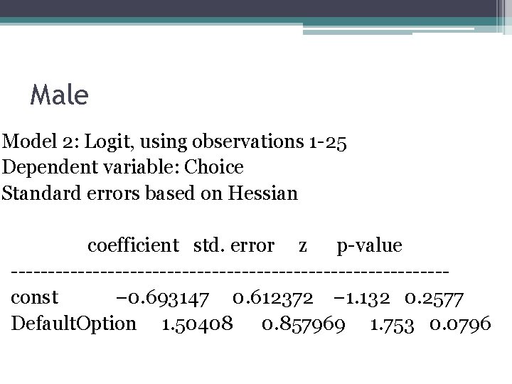 Male Model 2: Logit, using observations 1 -25 Dependent variable: Choice Standard errors based