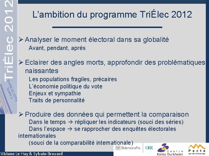 L’ambition du programme TriÉlec 2012 Ø Analyser le moment électoral dans sa globalité Avant,