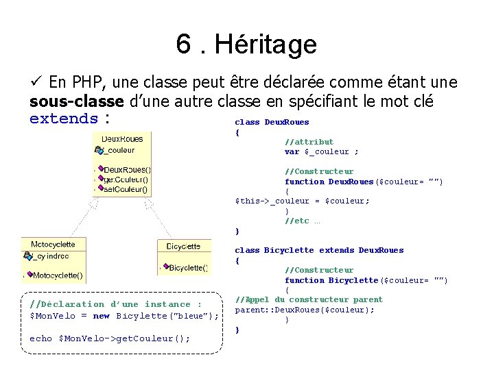 6. Héritage ü En PHP, une classe peut être déclarée comme étant une sous-classe