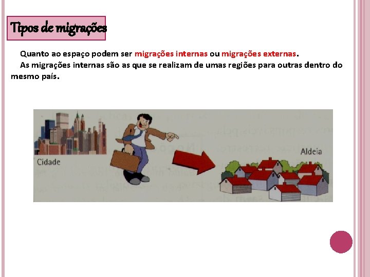 Tipos de migrações Quanto ao espaço podem ser migrações internas ou migrações externas. As