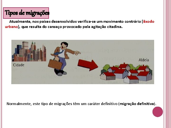 Tipos de migrações Atualmente, nos países desenvolvidos verifica-se um movimento contrário (êxodo urbano), que