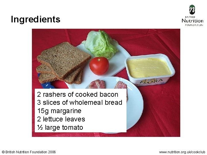 Ingredients 2 rashers of cooked bacon 3 slices of wholemeal bread 15 g margarine