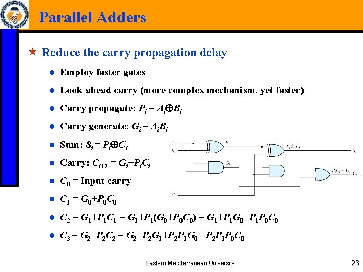 Parallel Adders « Reduce the carry propagation delay ● Employ faster gates ● Look-ahead