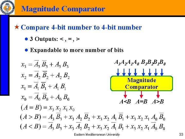 Magnitude Comparator « Compare 4 -bit number to 4 -bit number ● 3 Outputs: