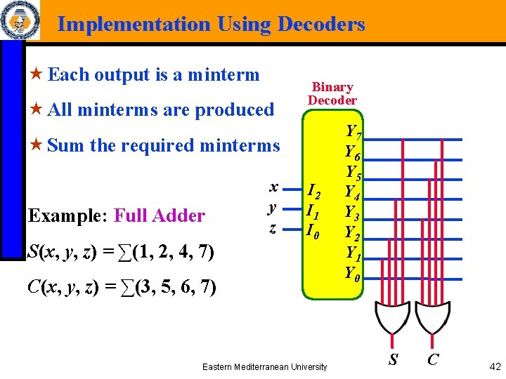 Implementation Using Decoders « Each output is a minterm « All minterms are produced