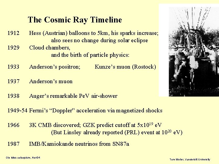 The Cosmic Ray Timeline 1912 1929 Hess (Austrian) balloons to 5 km, his sparks