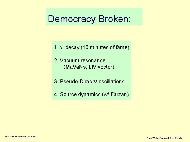 Democracy Broken: 1. n decay (15 minutes of fame) 2. Vacuum resonance (Ma. Va.