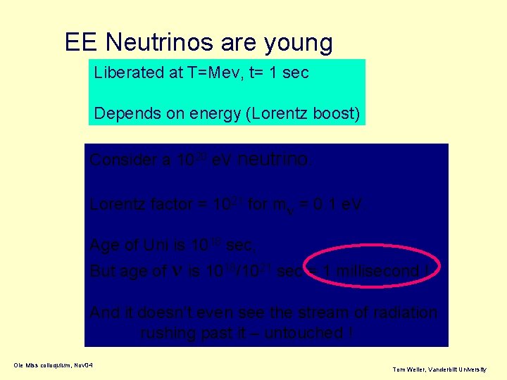 EE Neutrinos are young Liberated at T=Mev, t= 1 sec Depends on energy (Lorentz