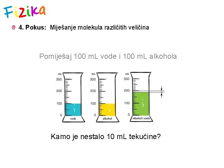 4. Pokus: Miješanje molekula različitih veličina Pomiješaj 100 m. L vode i 100 m.