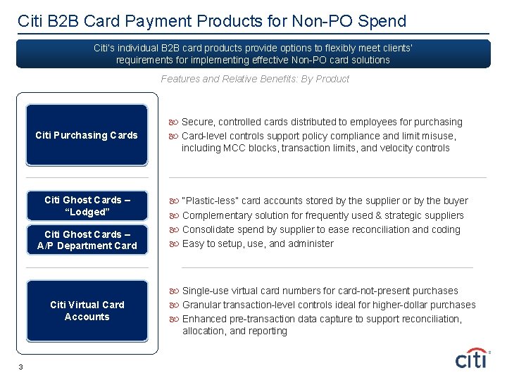 Citi B 2 B Card Payment Products for Non-PO Spend Citi’s individual B 2