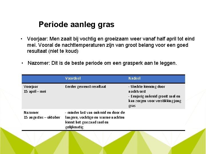 Periode aanleg gras • Voorjaar: Men zaait bij vochtig en groeizaam weer vanaf half