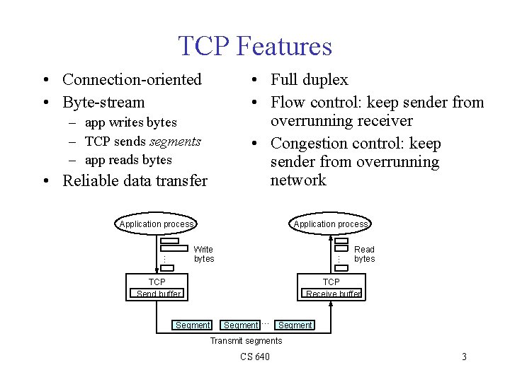 TCP Features • Connection-oriented • Byte-stream • Full duplex • Flow control: keep sender