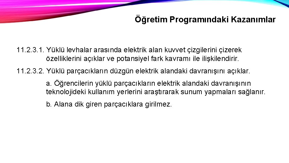 Öğretim Programındaki Kazanımlar 11. 2. 3. 1. Yüklü levhalar arasında elektrik alan kuvvet çizgilerini