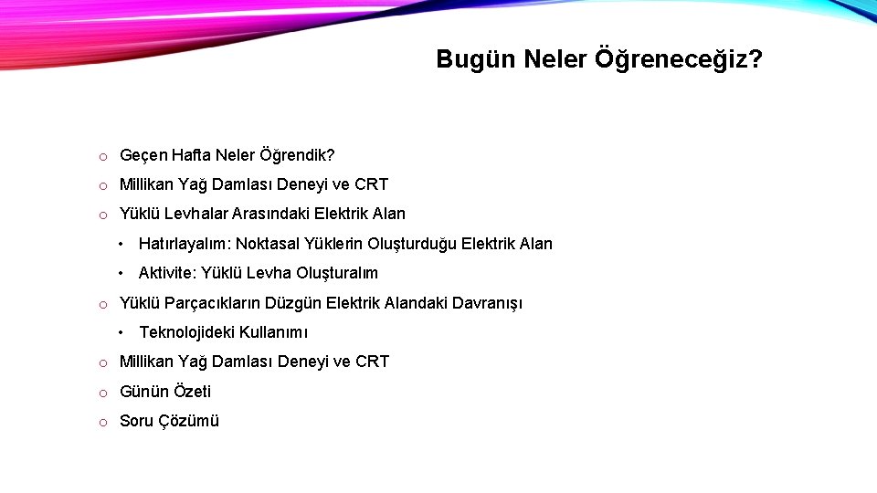 Bugün Neler Öğreneceğiz? o Geçen Hafta Neler Öğrendik? o Millikan Yağ Damlası Deneyi ve
