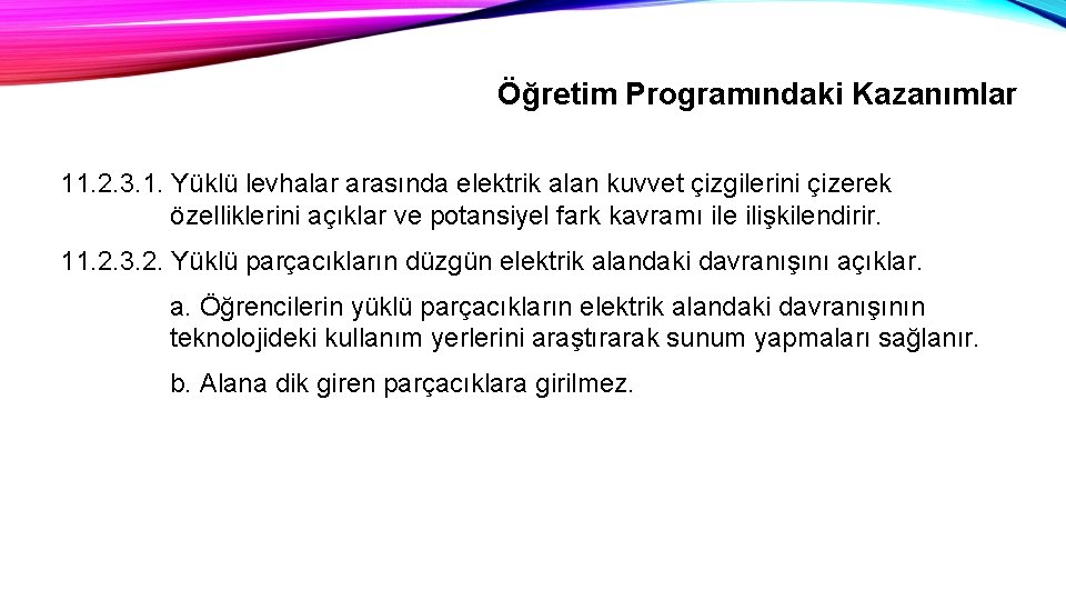 Öğretim Programındaki Kazanımlar 11. 2. 3. 1. Yüklü levhalar arasında elektrik alan kuvvet çizgilerini