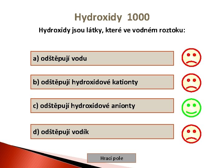 Hydroxidy 1000 Hydroxidy jsou látky, které ve vodném roztoku: a) odštěpují vodu b) odštěpují