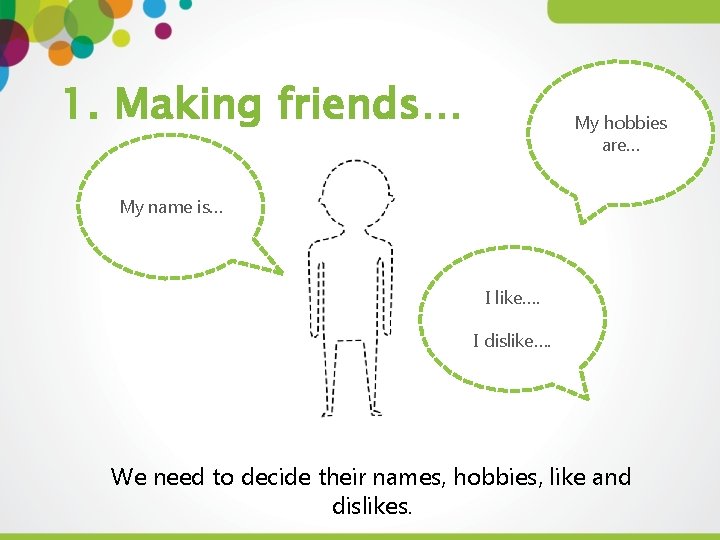 1. Making friends… My hobbies are… My name is… I like…. I dislike…. We