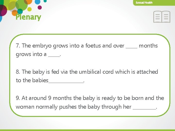 Sexual Health Plenary 7. embryo grows into starts a foetus and oversperm _____ months