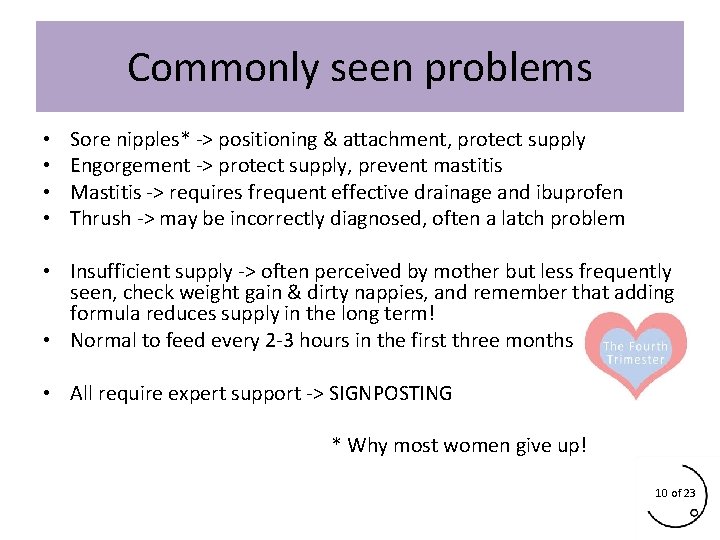 Commonly seen problems • • Sore nipples* -> positioning & attachment, protect supply Engorgement Commonly seen problems • • Sore nipples* -> positioning & attachment, protect supply Engorgement