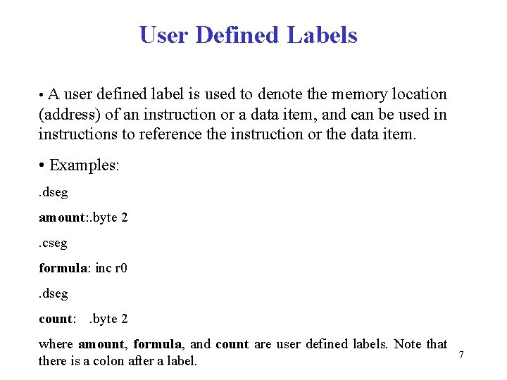 User Defined Labels • A user defined label is used to denote the memory