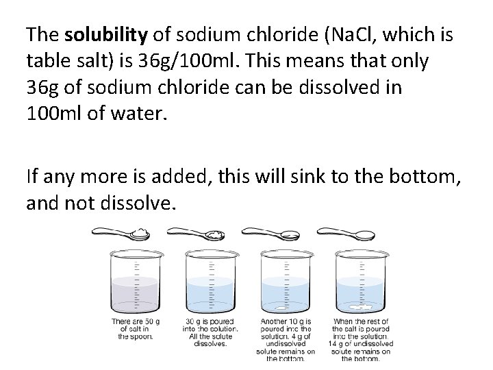 The solubility of sodium chloride (Na. Cl, which is table salt) is 36 g/100