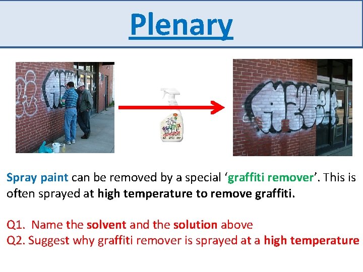 Plenary Spray paint can be removed by a special ‘graffiti remover’. This is often