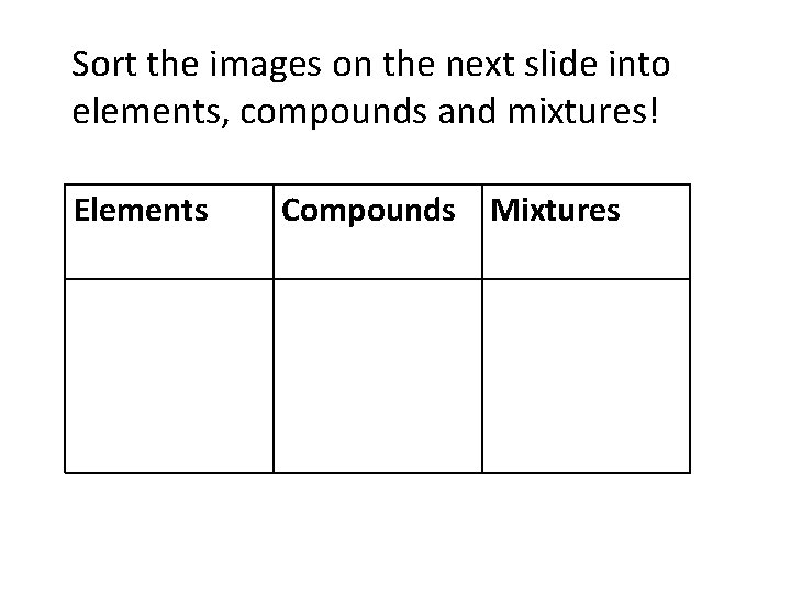 Sort the images on the next slide into elements, compounds and mixtures! Elements Compounds