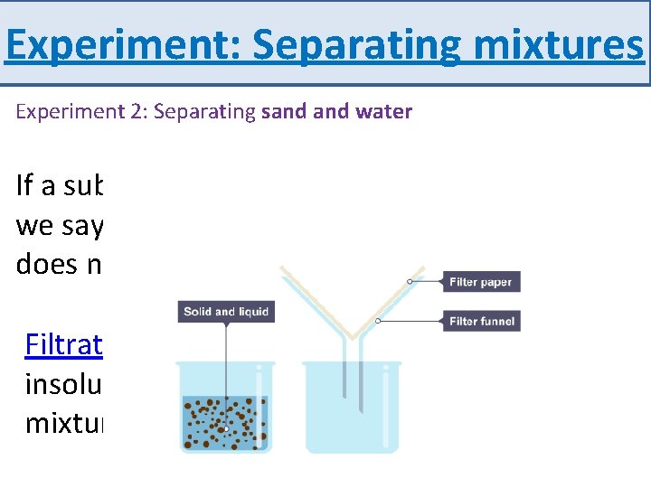 Experiment: Separating mixtures Experiment 2: Separating sand water If a substance does not dissolve