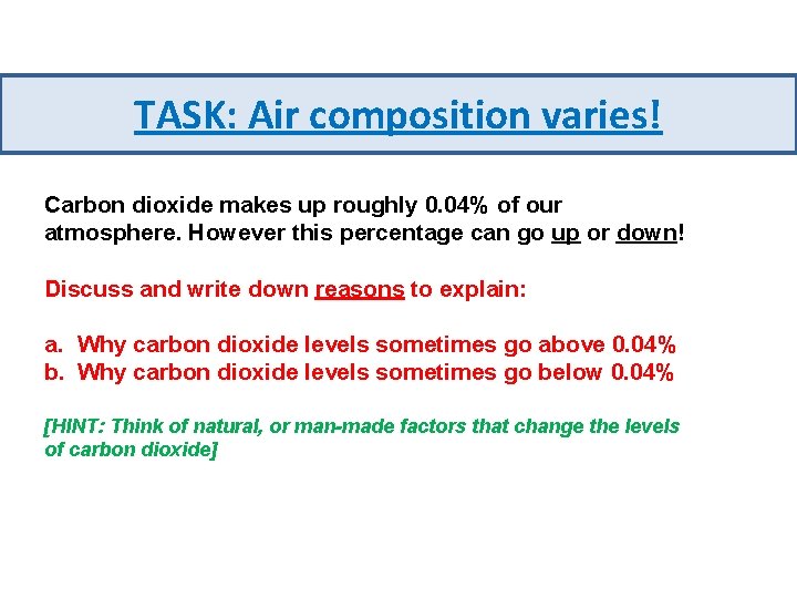 TASK: Air composition varies! Carbon dioxide makes up roughly 0. 04% of our atmosphere.