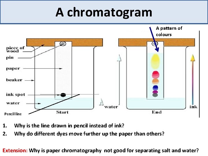 A chromatogram A pattern of colours Pencil line 1. 2. Why is the line
