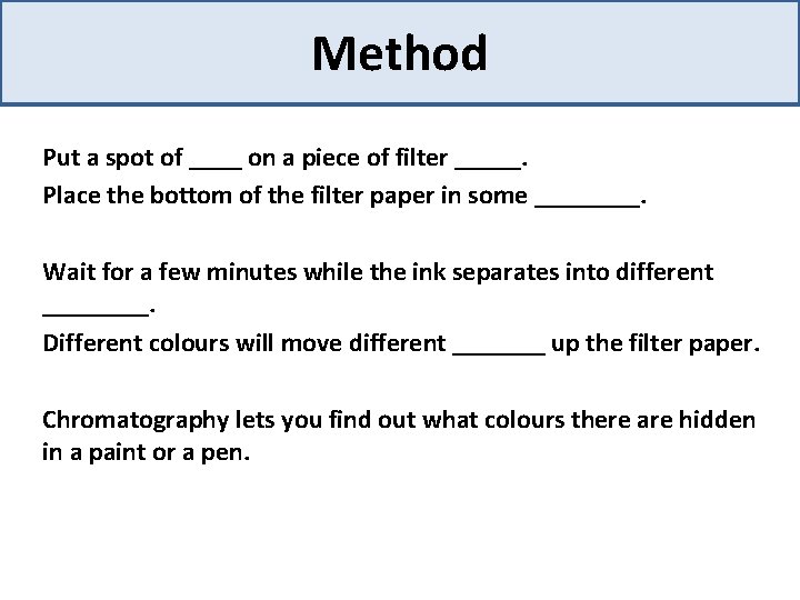 Method Put a spot of ____ on a piece of filter _____. Place the