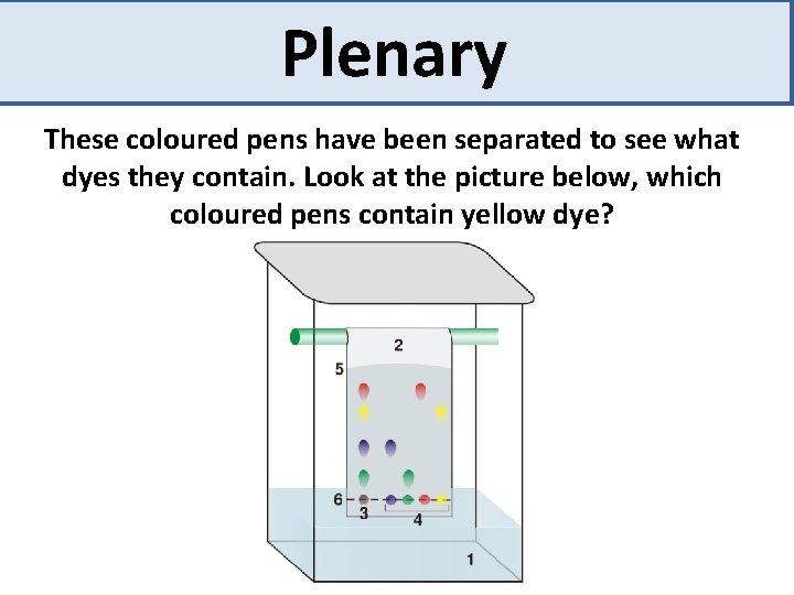 Plenary These coloured pens have been separated to see what dyes they contain. Look