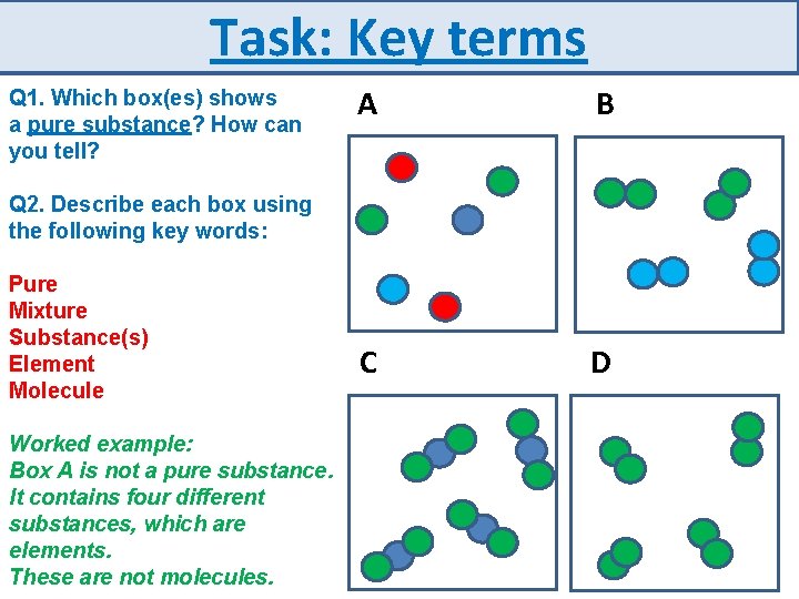 Task: Key terms Q 1. Which box(es) shows a pure substance? How can you