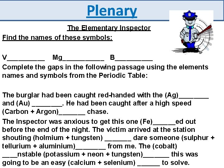 Plenary The Elementary Inspector Find the names of these symbols: V_____ Mg______ B_____ Complete