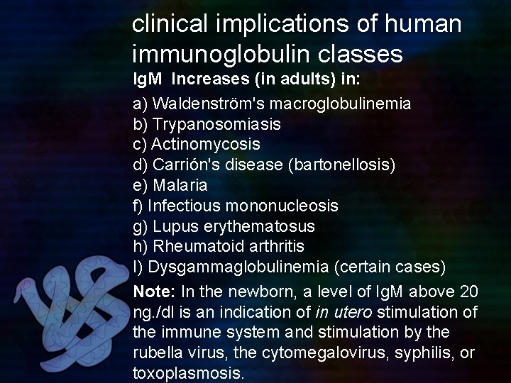 clinical implications of human immunoglobulin classes Ig. M Increases (in adults) in: a) Waldenström's