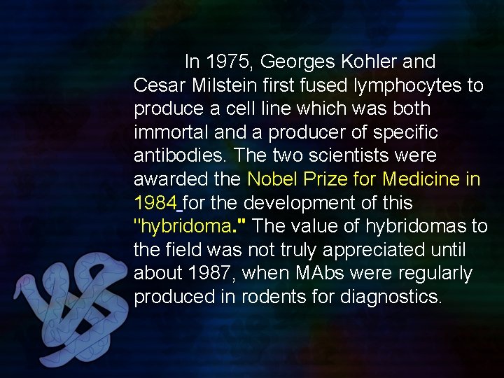 In 1975, Georges Kohler and Cesar Milstein first fused lymphocytes to produce a cell